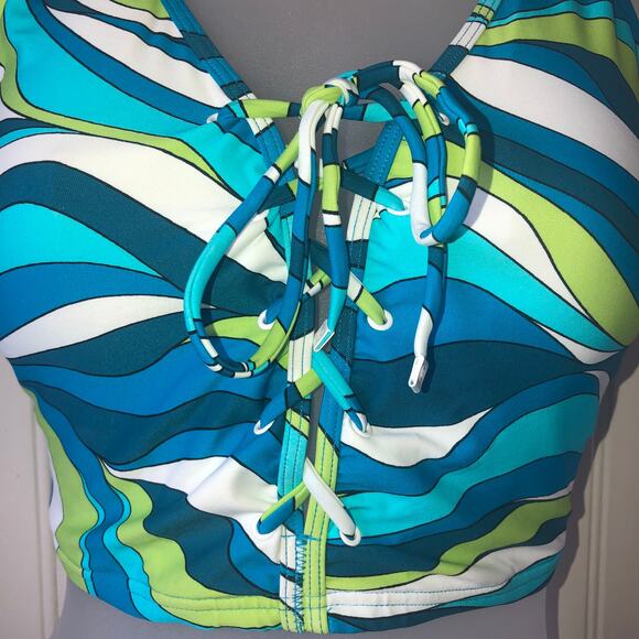 MICHAEL KORS Retail $180 Blue Swirl Lace Up Longline 2 Piece Bikini Size Small - Picture 2 of 6